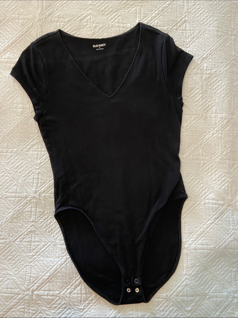 Old Navy Black V-Neck Cap Sleeve Bodysuit with Snap Closure